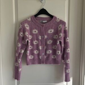 Zara heather Lavender Cardigan with White Floral Design size medium